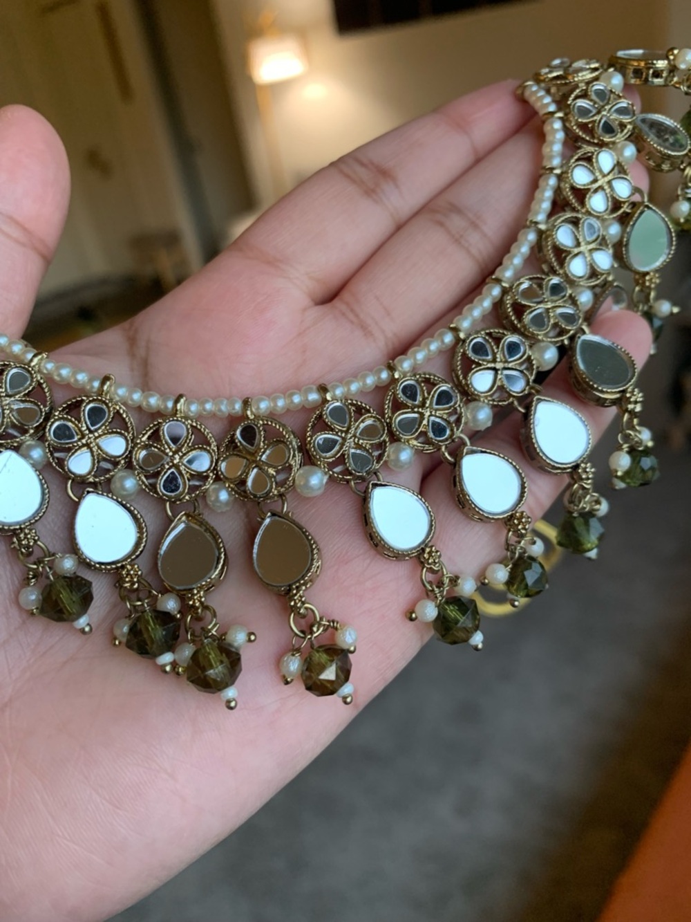 Olive Green Bead & Mirror Drop Necklace